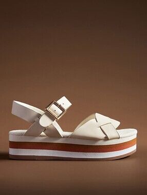 Kelsi Dagger Cream Platform Sandal with Gold Buckle and Striped Sole Size 8